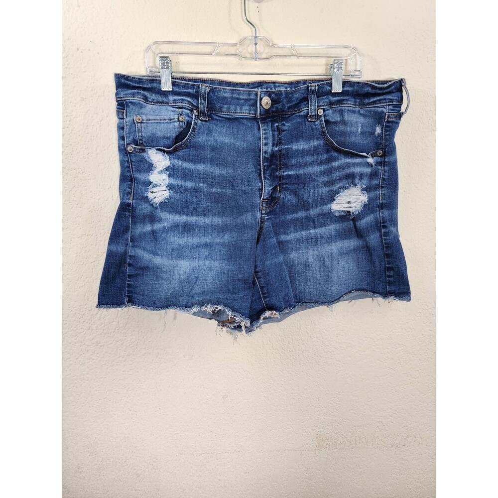 AMERICAN EAGLE Womens Denim Shorts Size 18 Blue Super Stretch Distressed Cutoff